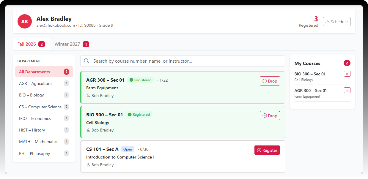 Student registration portal showing terms, departments, course search, registered courses and My Courses