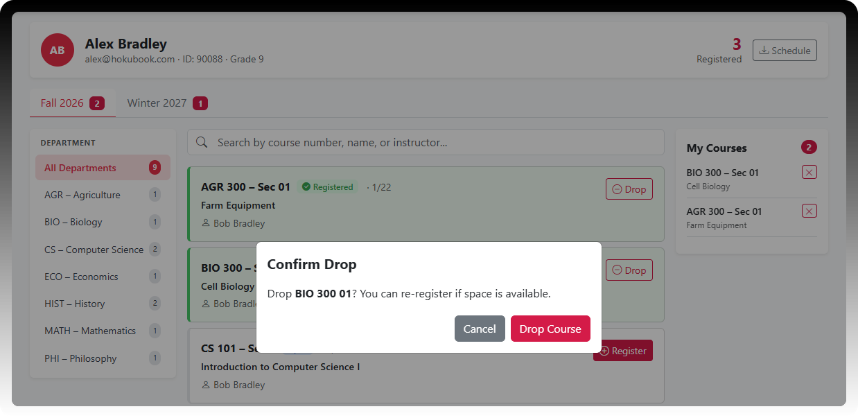 Confirmation dialog shown before a student drops a registered course