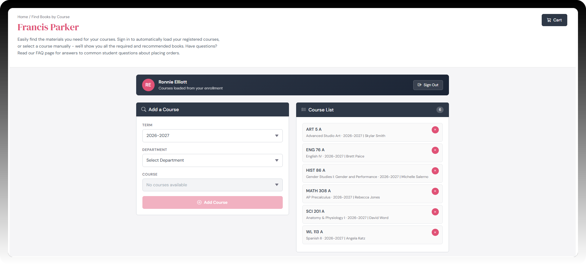 Student dashboard showing Add a Course search and the auto-loaded Course List