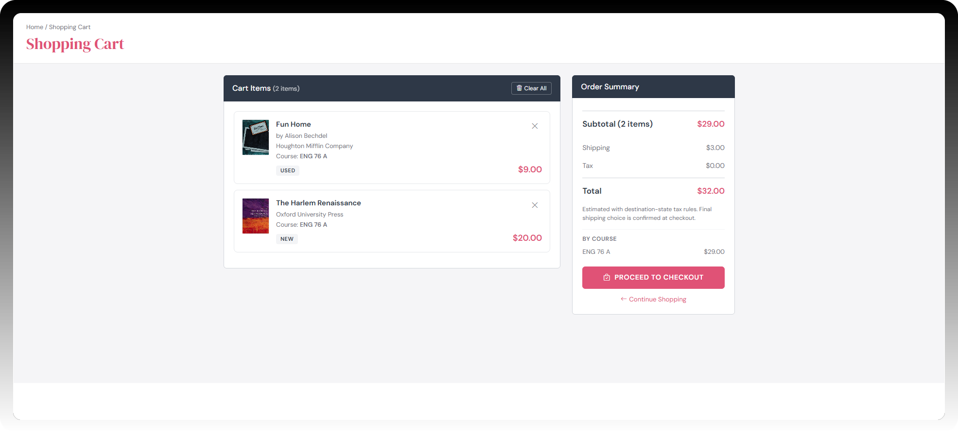 Shopping cart with order summary broken out by course